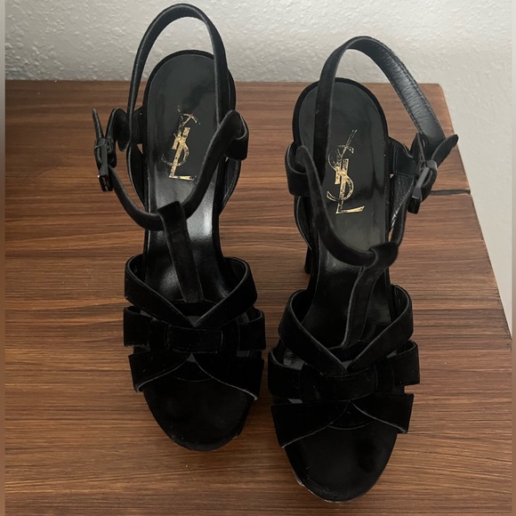 YSL SAINT LAURENT BLACK VELVET 105 TRIBUTE PLATFORM SANDALS SIZE 37.5/7.5 - Picture 16 of 16